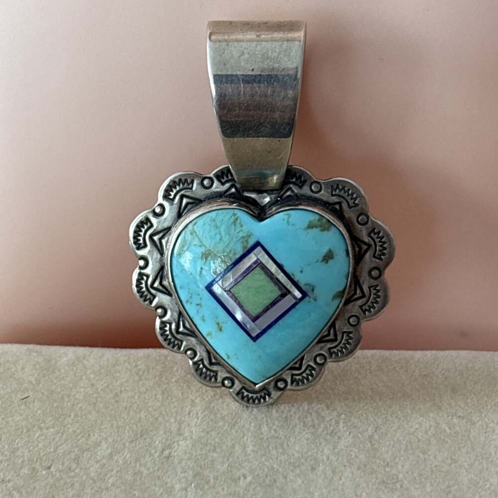 Carolyn Pollack Relios Sterling Turquoise Inlay Heart Large Pendant Southwest